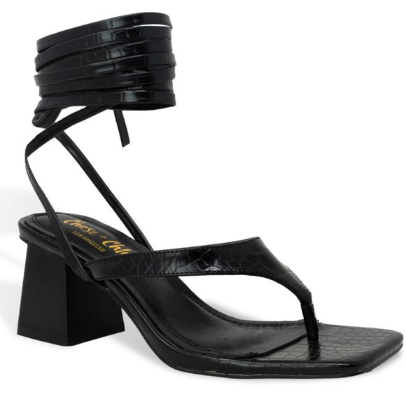 Women’s Square Open Toe Wrap Tie Block Heeled Sandals - Picture 2 of 4